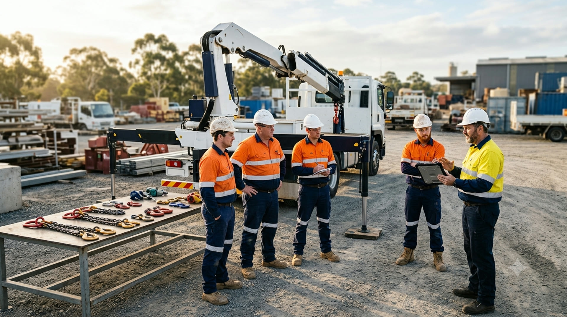 Trainer running an on-site session with a crew beside a vehicle loading crane